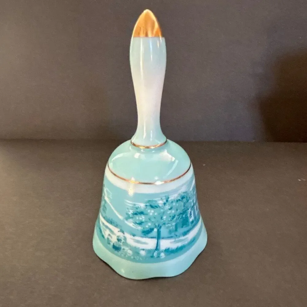 Vtg Porcelain Bell Blue Gold Stamped JAPAN Country Home Scene Orchard Scalloped